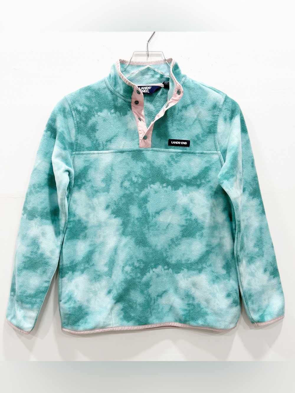 Lands’ End Heritage Fleece Snap Neck Pullover Blue Pink XL 14-16 Kids